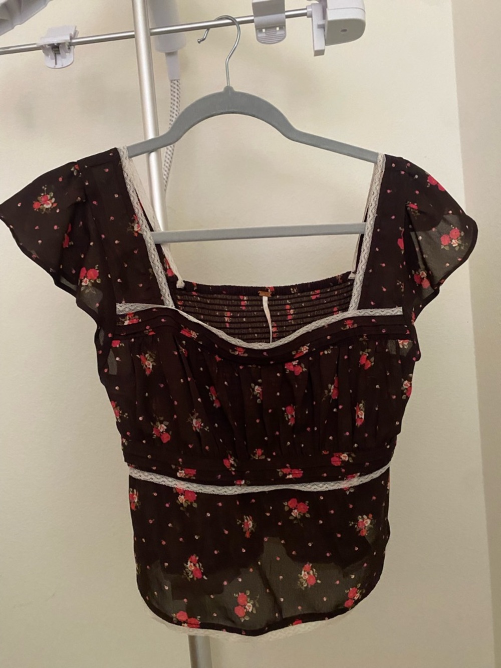 Free People Black Floral Square-Neck Peasant Top with Pink Roses